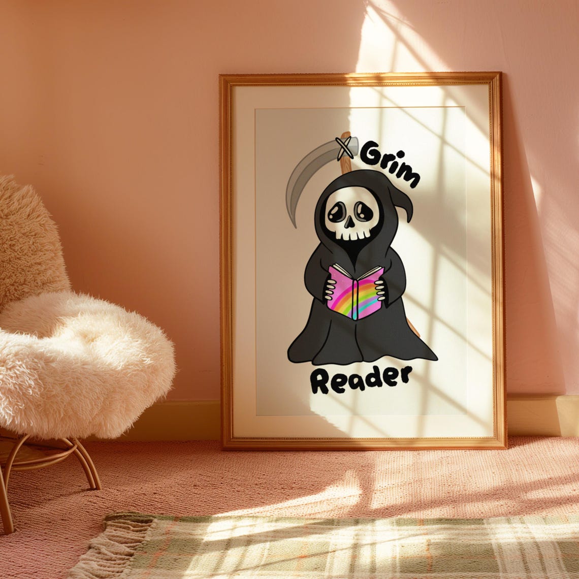 Grim Reader Cute Reaper With Rainbow Book Halloween Wall Poster - Image 2