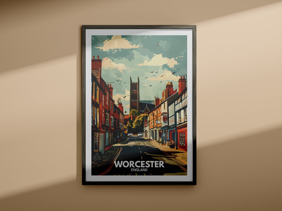 Worcester England Travel Poster Historic High Street Tower View - Image 4