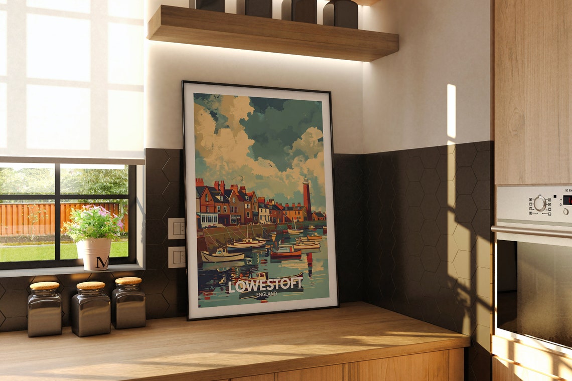 Lowestoft England Harbor Travel Poster Lighthouse Boats Illustration - Image 3