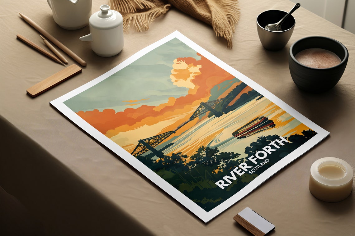 River Forth Scotland Bridge Sunset Boat Dramatic Clouds Travel Poster - Image 2