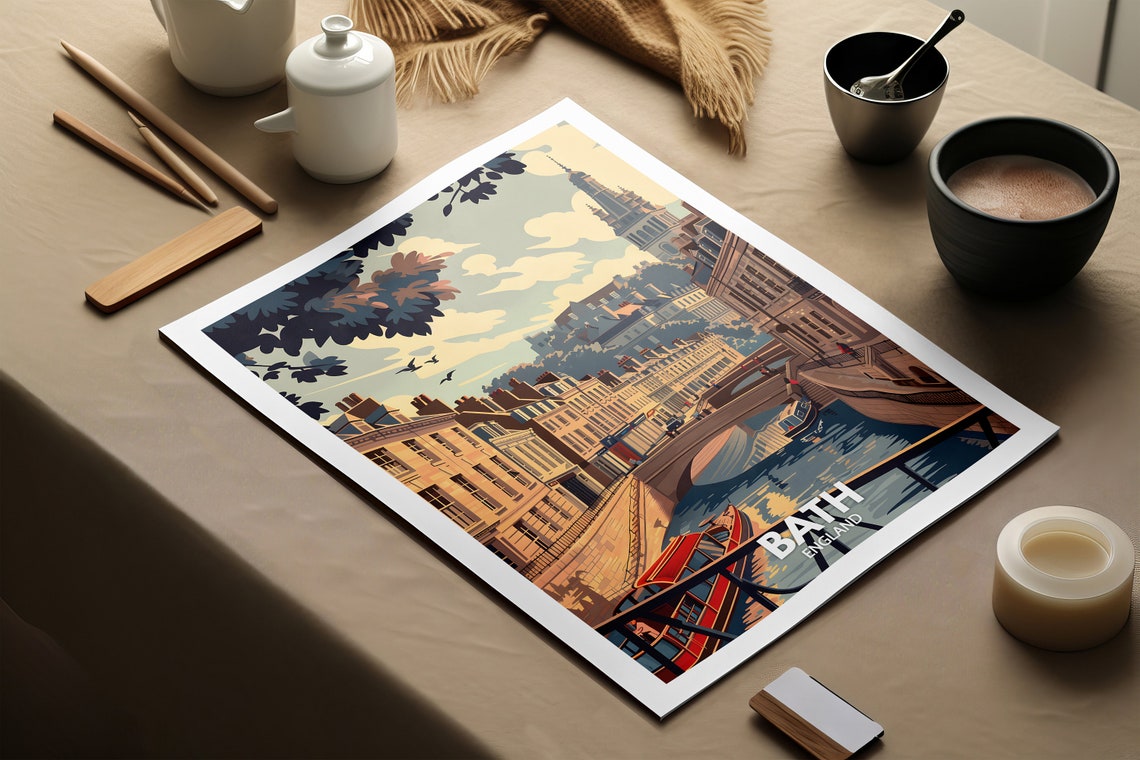 Bath England Travel Poster River Avon Bridge Georgian View Scene - Image 2