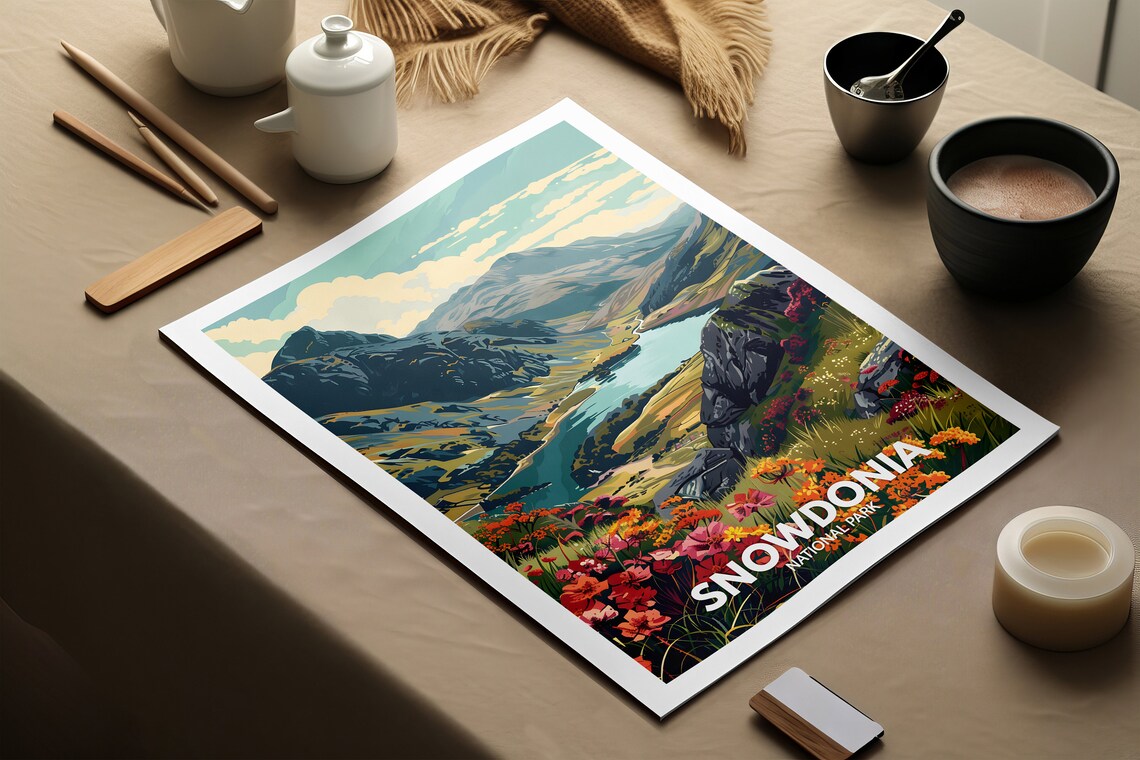 Snowdonia National Park Travel Poster Mountain Lake Valley Scene - Image 2