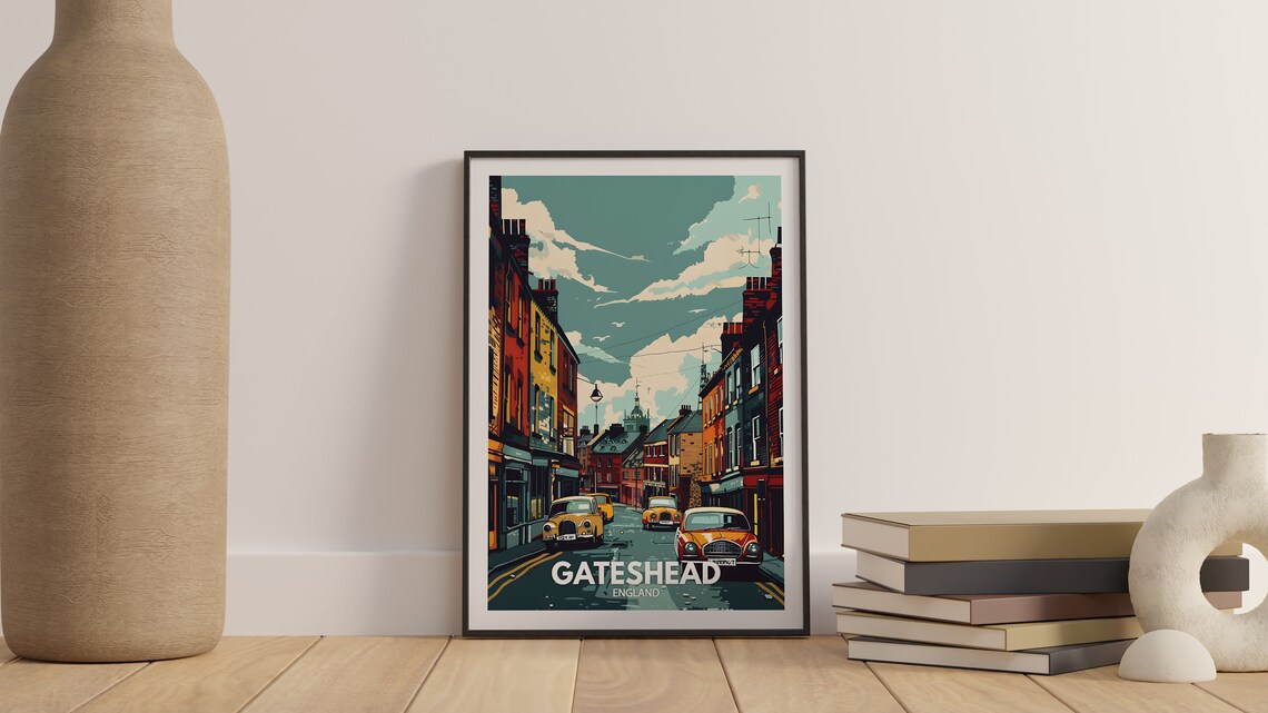 Gateshead England Colourful Terraced Street Vintage Cars Travel Poster - Image 3