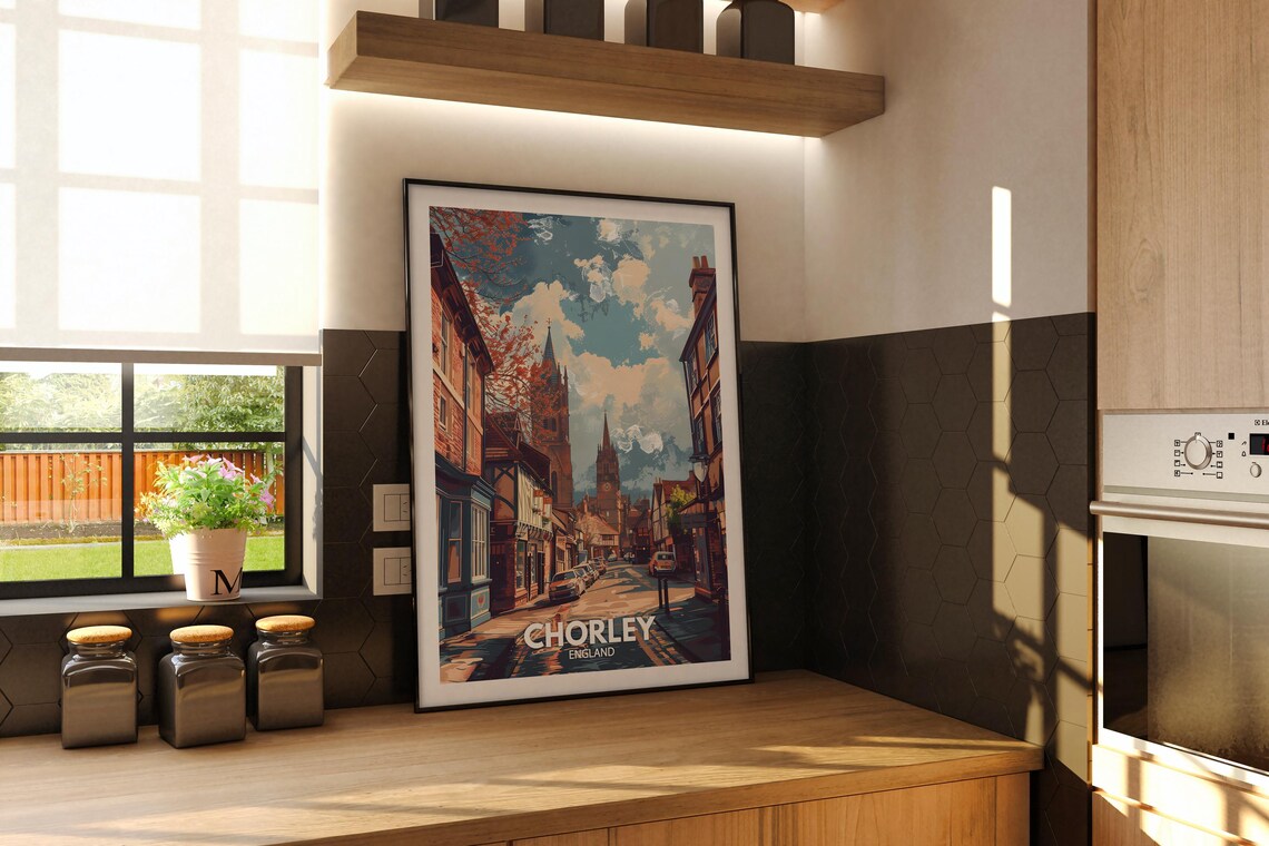 Chorley England Travel Poster Historic Street Church Spire Scene - Image 3