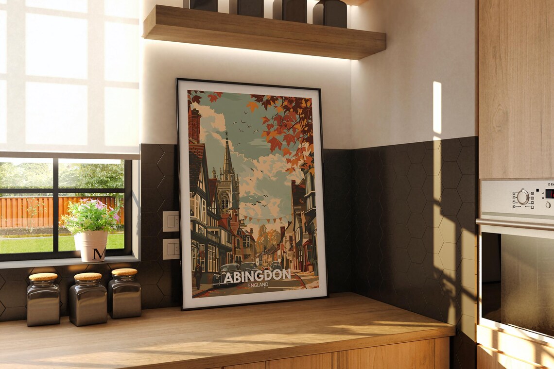Abingdon England Autumn Street Historic Spire Vintage Travel Poster - Image 3