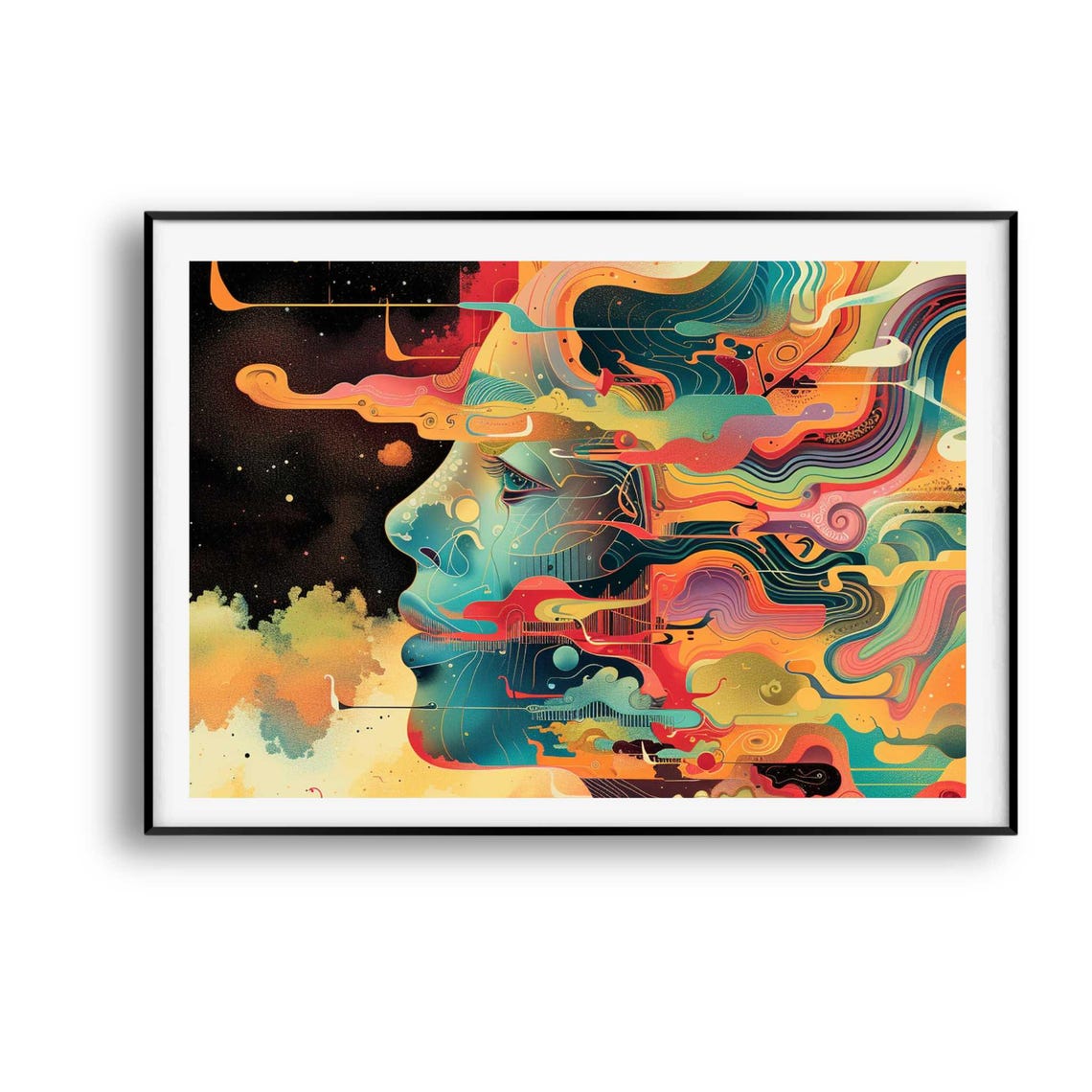 Surreal Psychedelic Woman Face Flowing Colorful Dreamscape Poster