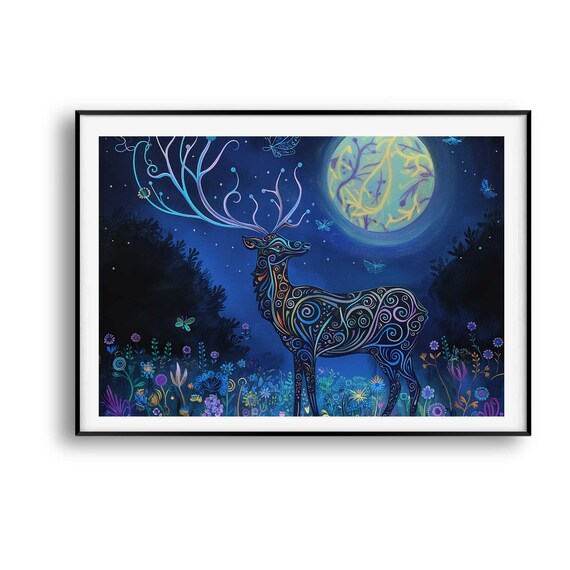 Mystical Stag Under Full Moon Enchanted Midnight Blue Forest Poster