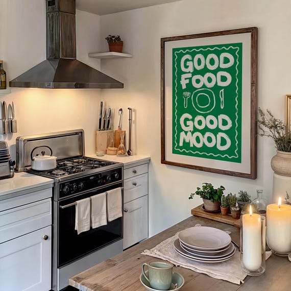 Good Food Mood Playful Kitchen Wall Art Print Green Dining Room Poster Funny Handdrawn 2x3 3x4