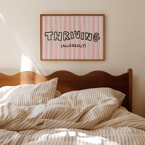 Thriving Allegedly Print Funny Minimalist Wall Art Pink Striped Quirky Typography Poster For Home Office Dorm Decor