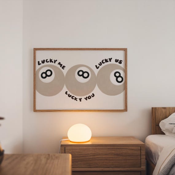 Lucky Me You Print 8 Ball Art Vintage Game Decor Playful Billiards Retro Bar Cart Cool Wall Taupe