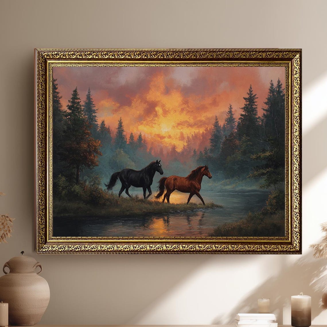 Wild Horses Crossing A Forest River At Sunset Painting Poster