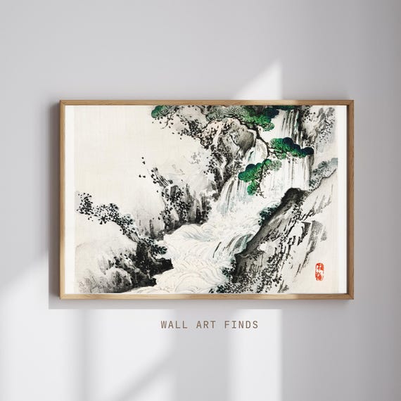 Kno Bairei Waterfall Print Japanese Landscape Sumie Painting Vintage Nature Art Zen Mountain Scene 300 Dpi