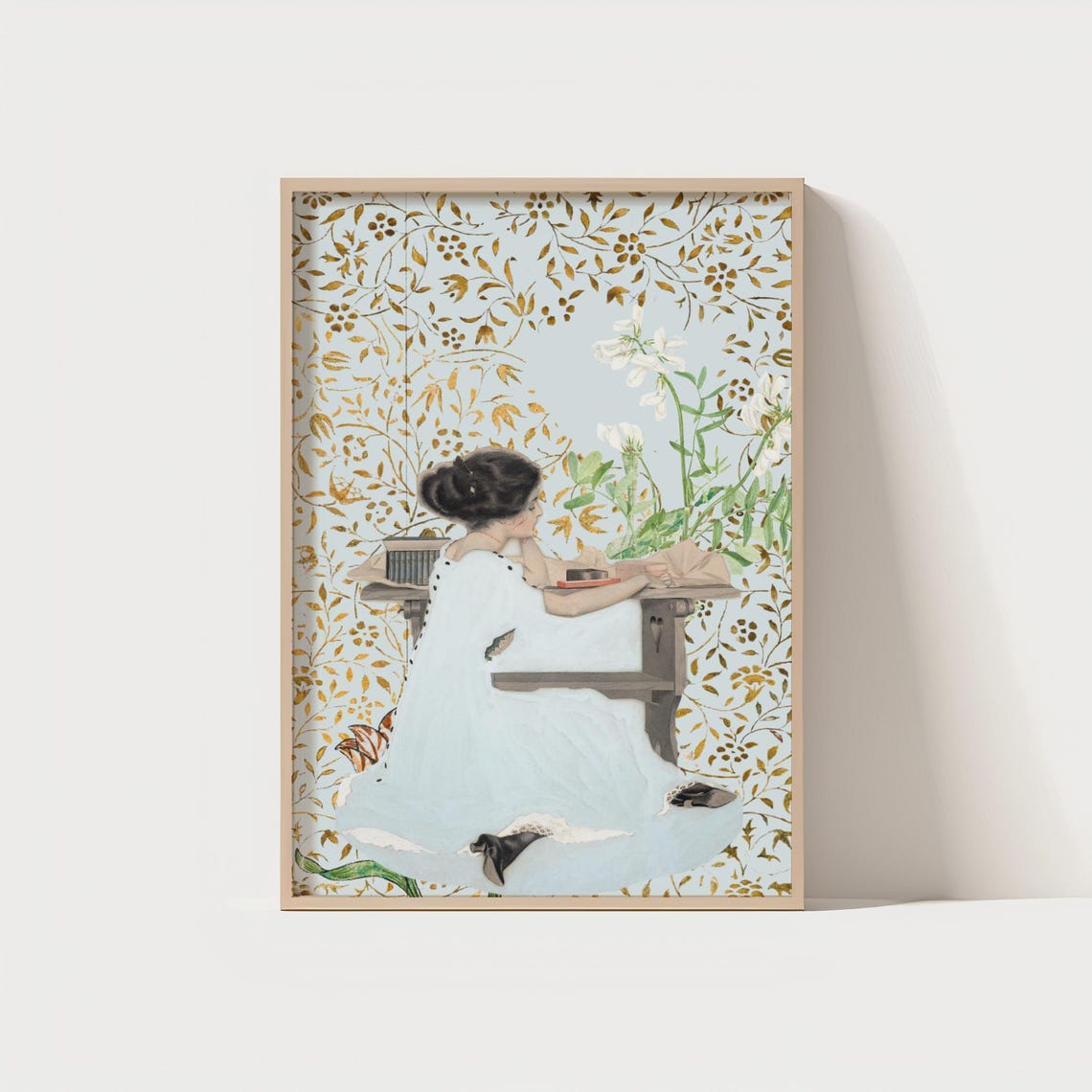 Vintage Lady Writing Letters with Romantic Floral Background Art Print