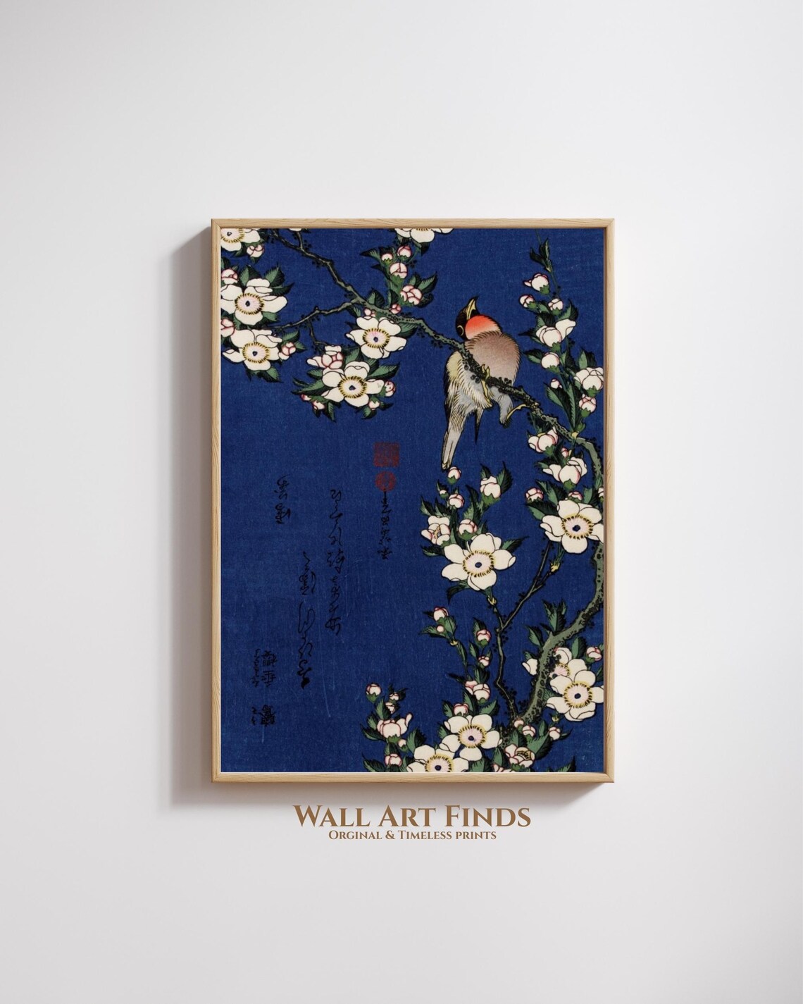 Japanese Bird On Plum Blossom Branch Vintage Woodblock Art Poster