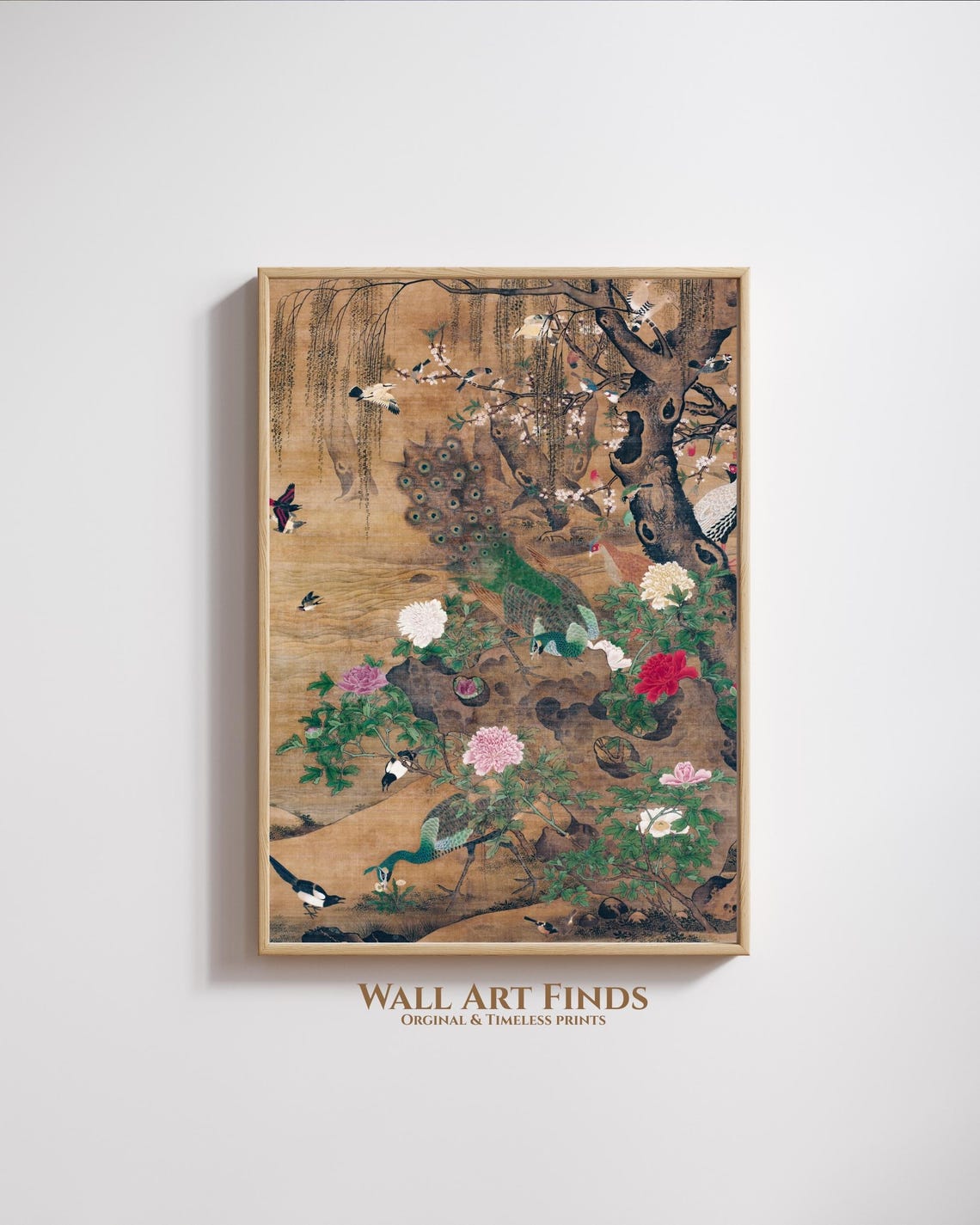 Antique Chinese Peacock And Blossoms Oriental Botanical Art Print