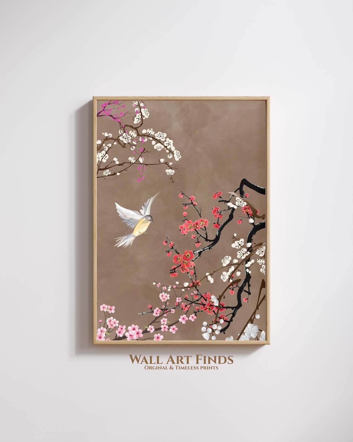 Japanese Bird in Flight Among Cherry Blossoms Ink Painting Poster