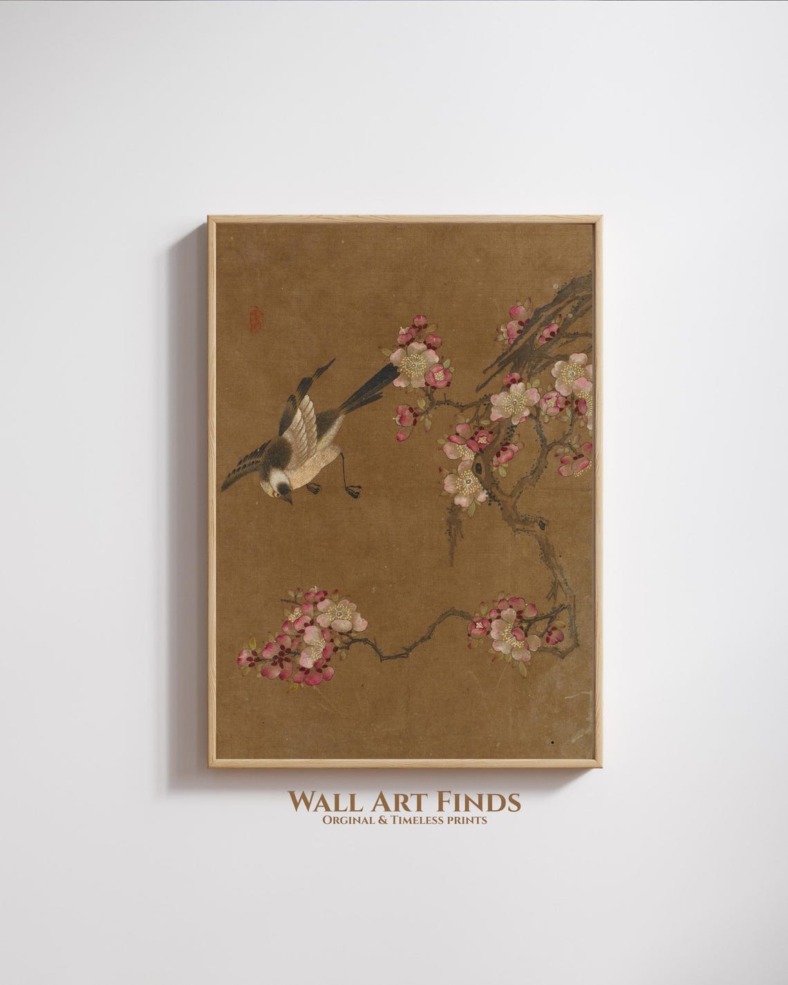 Vintage Chinese Bird and Plum Blossom Silk Painting Botanical Poster