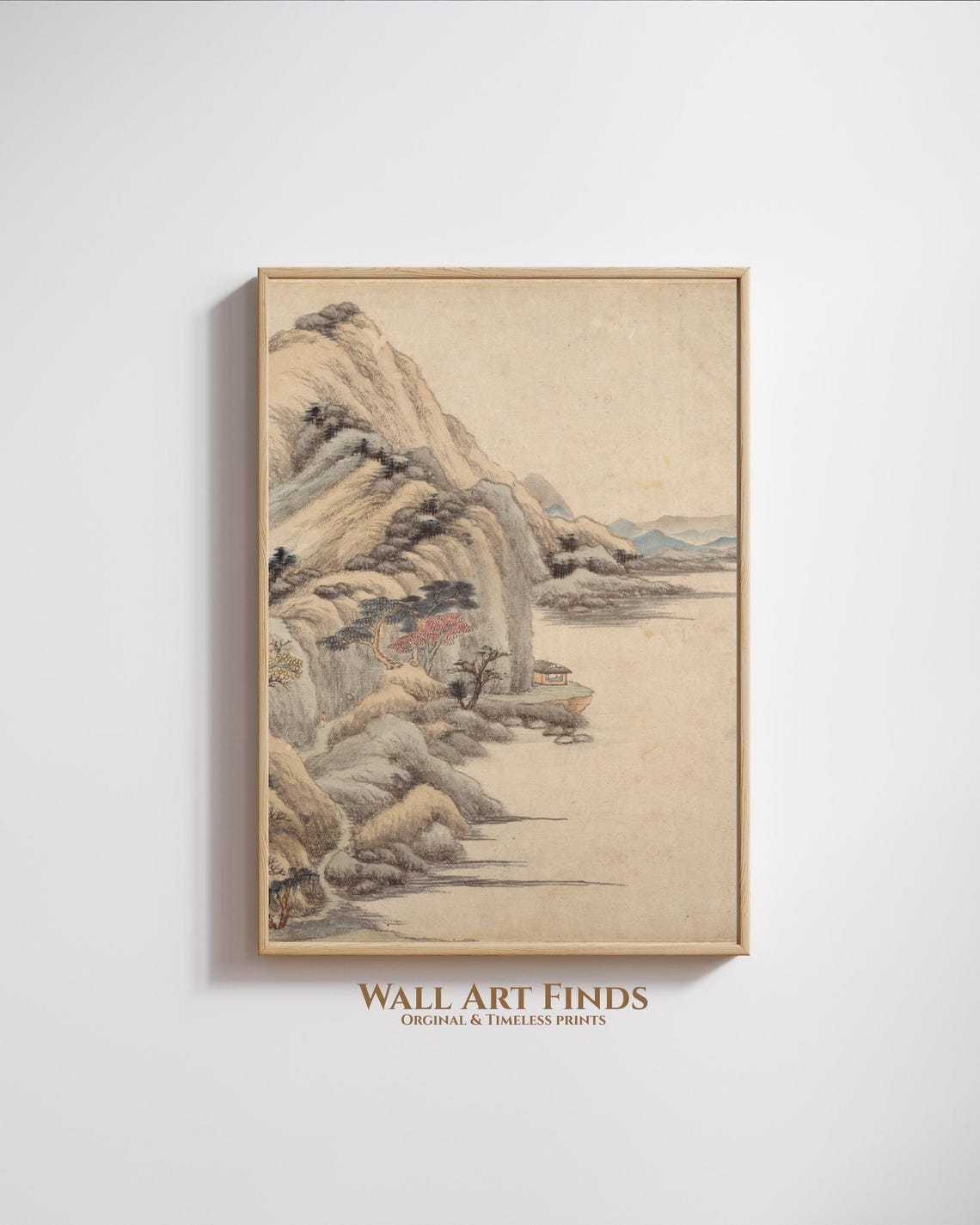 Serene Ancient Chinese River Cliff Ink Wash Landscape Painting Poster