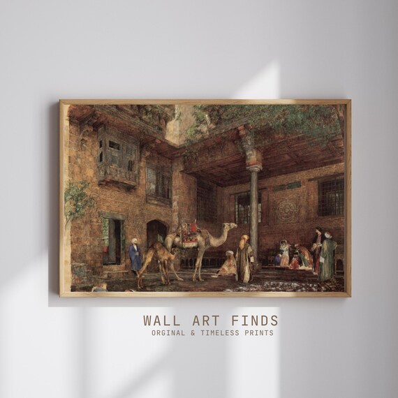 Orientalist Cairo Courtyard With Camels Vintage Arabian Street Painting Poster