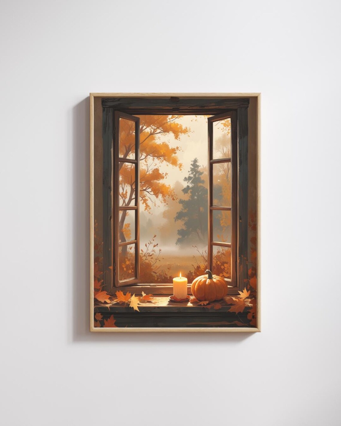 Cozy Autumn Morning Window Pumpkin Candle Fall Leaves Illustration Poster