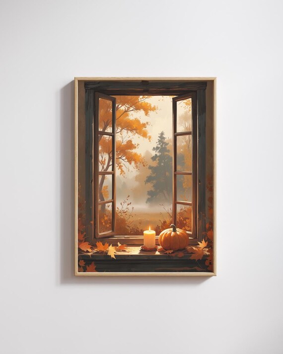 Cozy Autumn Morning Window View Poster Warm Golden Forest Illustration Fall Wall Art Print