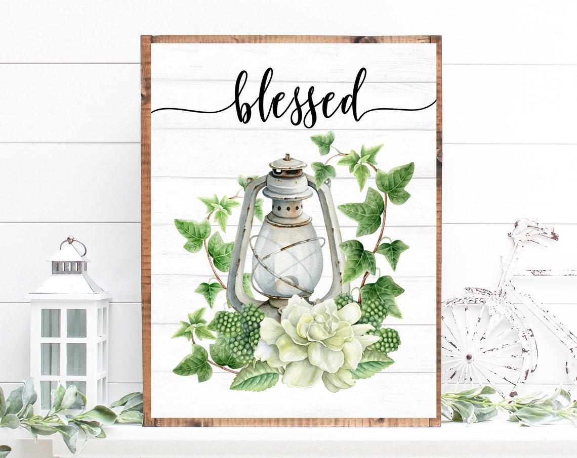 Blessed Script White Lantern Ivy and Peony Watercolor Floral Poster