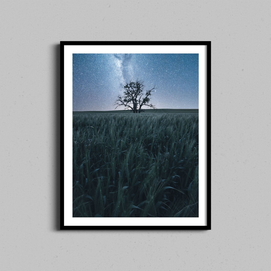 Lone Tree in Wheat Field Under Milky Way Starry Night Landscape Photo Poster