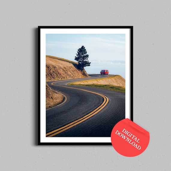 Red Van Winding Coastal Highway Adventure Road Trip Photo Poster