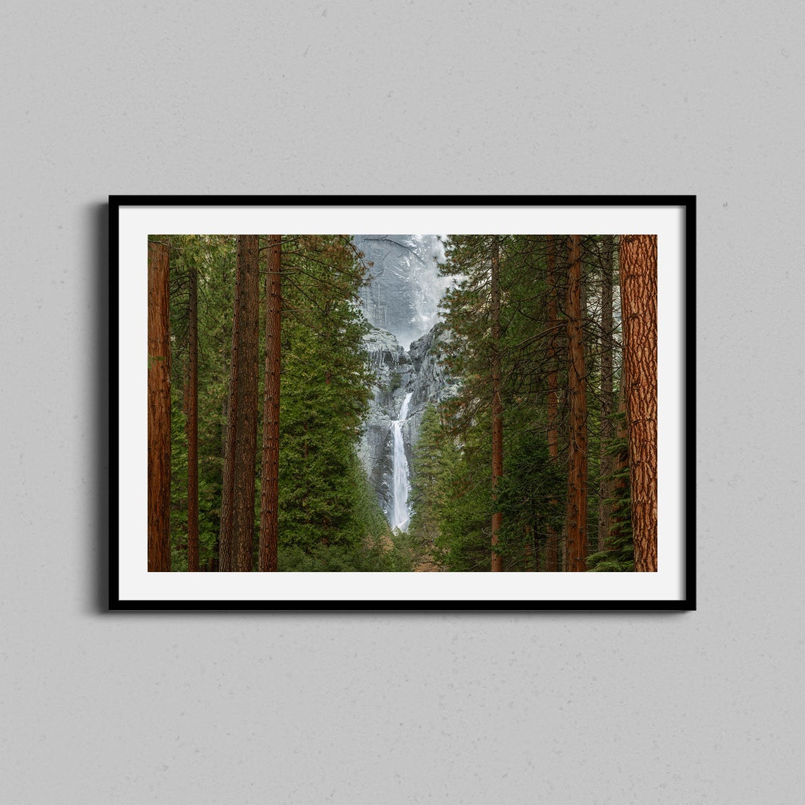 Yosemite Falls Through Tall Pine Forest Waterfall Photo Poster