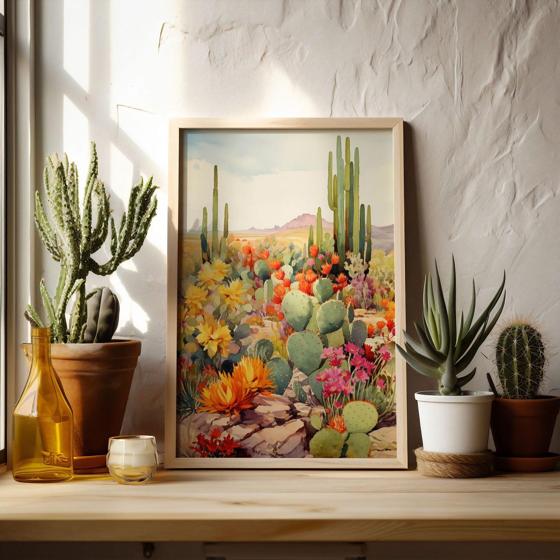 Watercolor Desert Garden Saguaro Prickly Pear Agave Art Poster