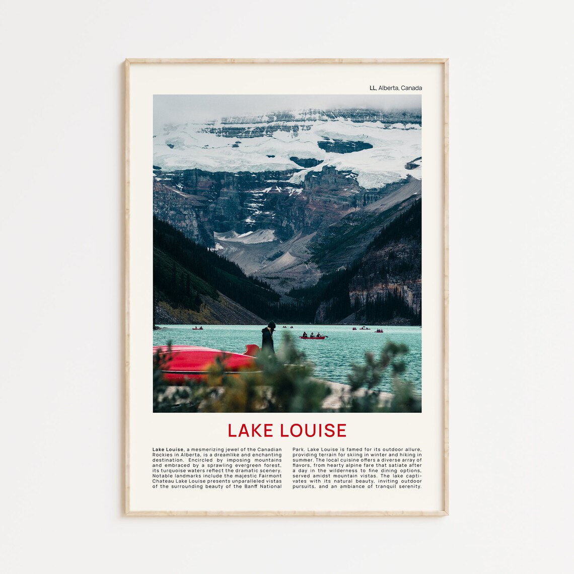 Lake Louise Alberta Red Canoes Snowy Peaks Film Photo Poster