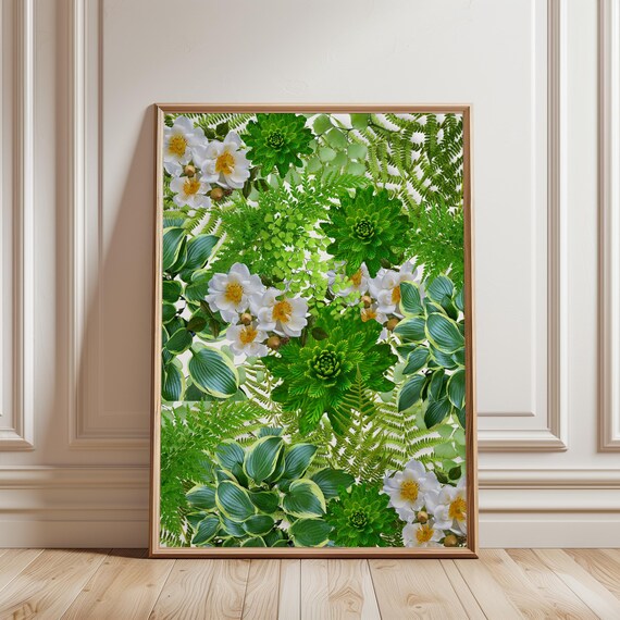 Ferns Hostas White Camellia Flower Print Lush Garden Art Botanical