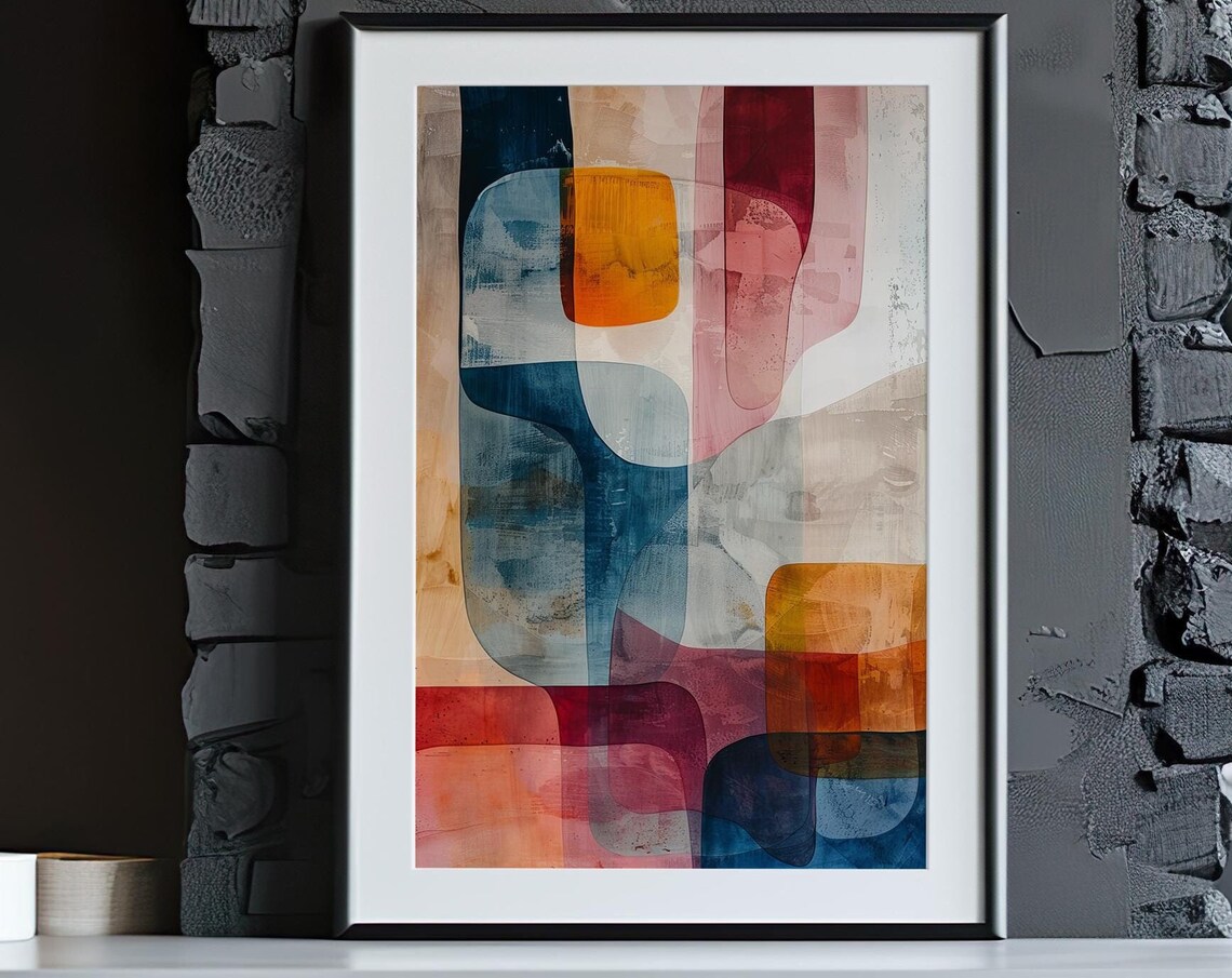 Mid Century Geometric Abstract Navy Orange Pink Retro Style Poster - Image 4