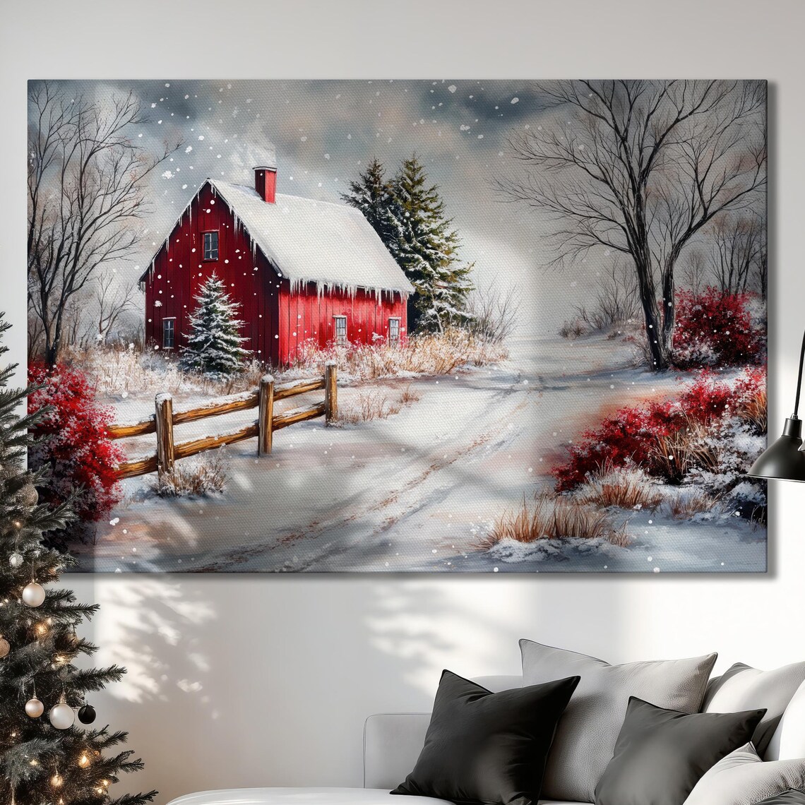 Snowy Red Barn Winter Farm Landscape Rustic Christmas Wall Art