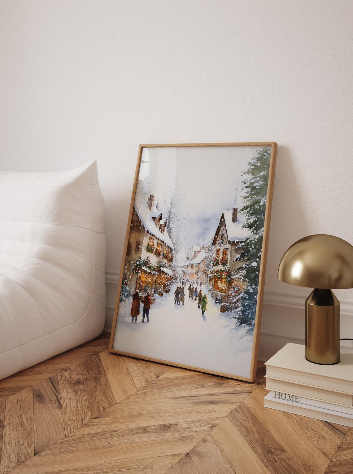 Snowy Christmas Village Watercolor Cozy Winter Street Art Poster