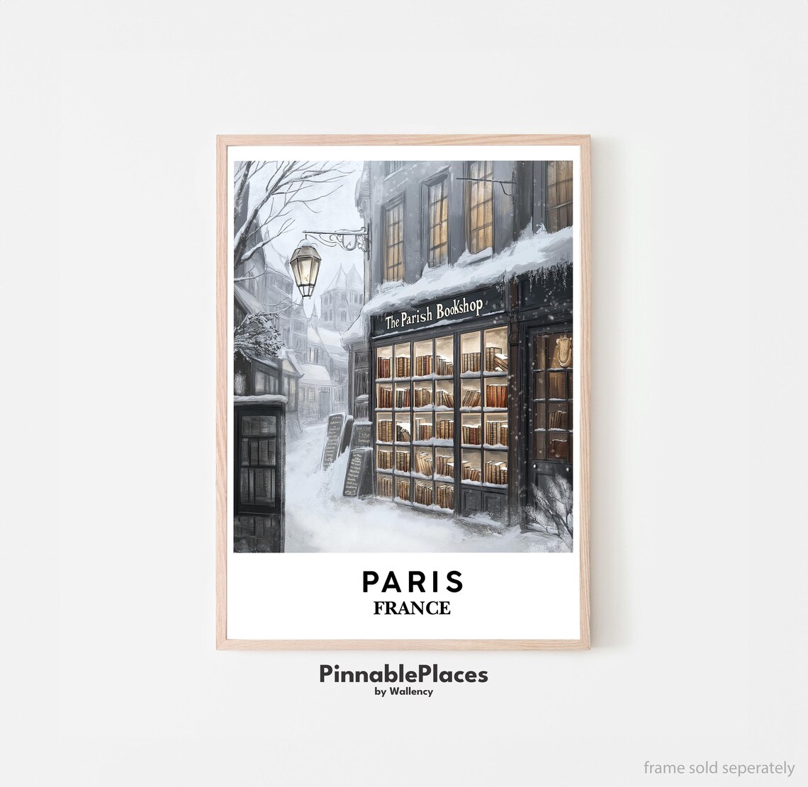 Paris France Winter Bookshop Snowy Street Scene Travel Poster