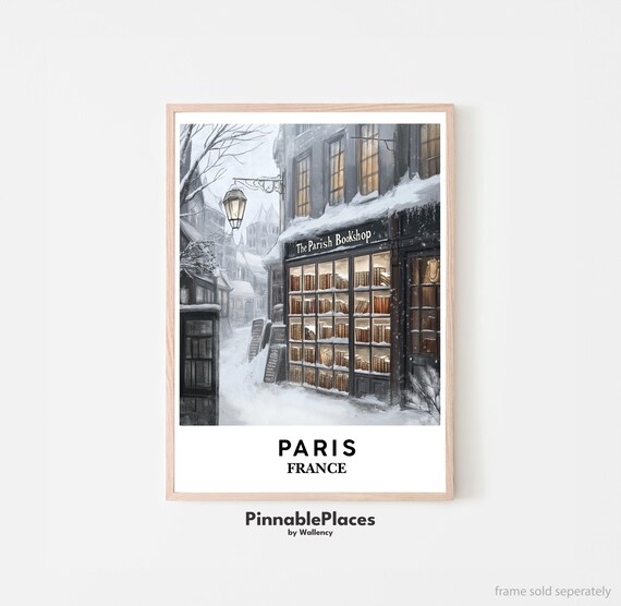 Paris France Winter Bookshop Snowy Street Scene Travel Poster