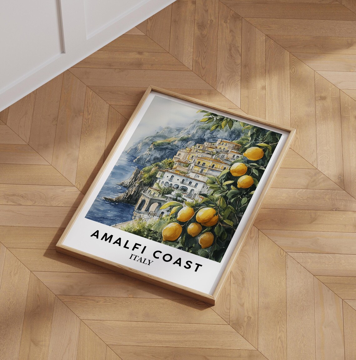 Amalfi Coast Italy Watercolor Lemon Tree Cliffside Art Poster
