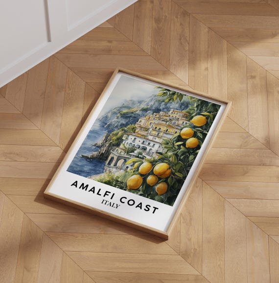 Amalfi Coast Watercolor Print Lemon Tree Cliffside Art