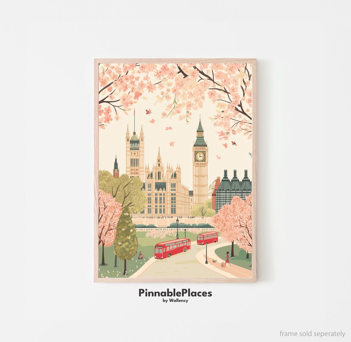 London Cherry Blossom Spring Big Ben Red Buses Pastel Art Poster