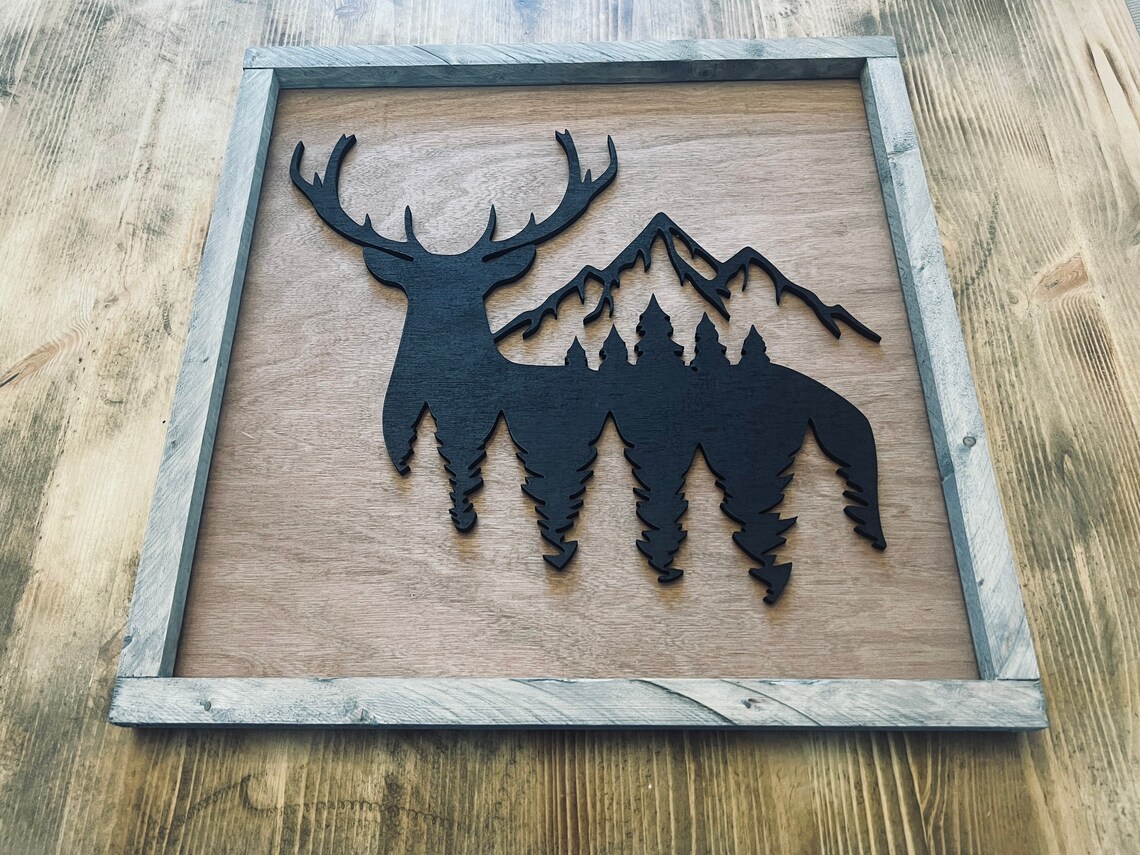 Deer Stag Silhouette Pine Trees Mountain Rustic Wildlife Poster - Image 3