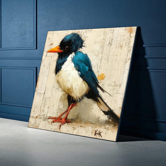 Vibrant Blue Bird Canvas Oil Painting Wall Art Nature Animal Decor Colorful Illustration Ready To Hang Artwork