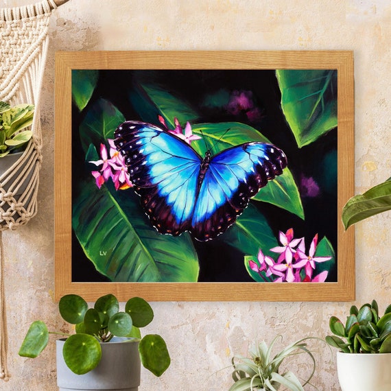 Blue Morpho Butterfly Art Print Colorful Insect Floral Wall Art Butterfly Oil Painting Animal Giclee Print Butterfly Gift For Mothers Day