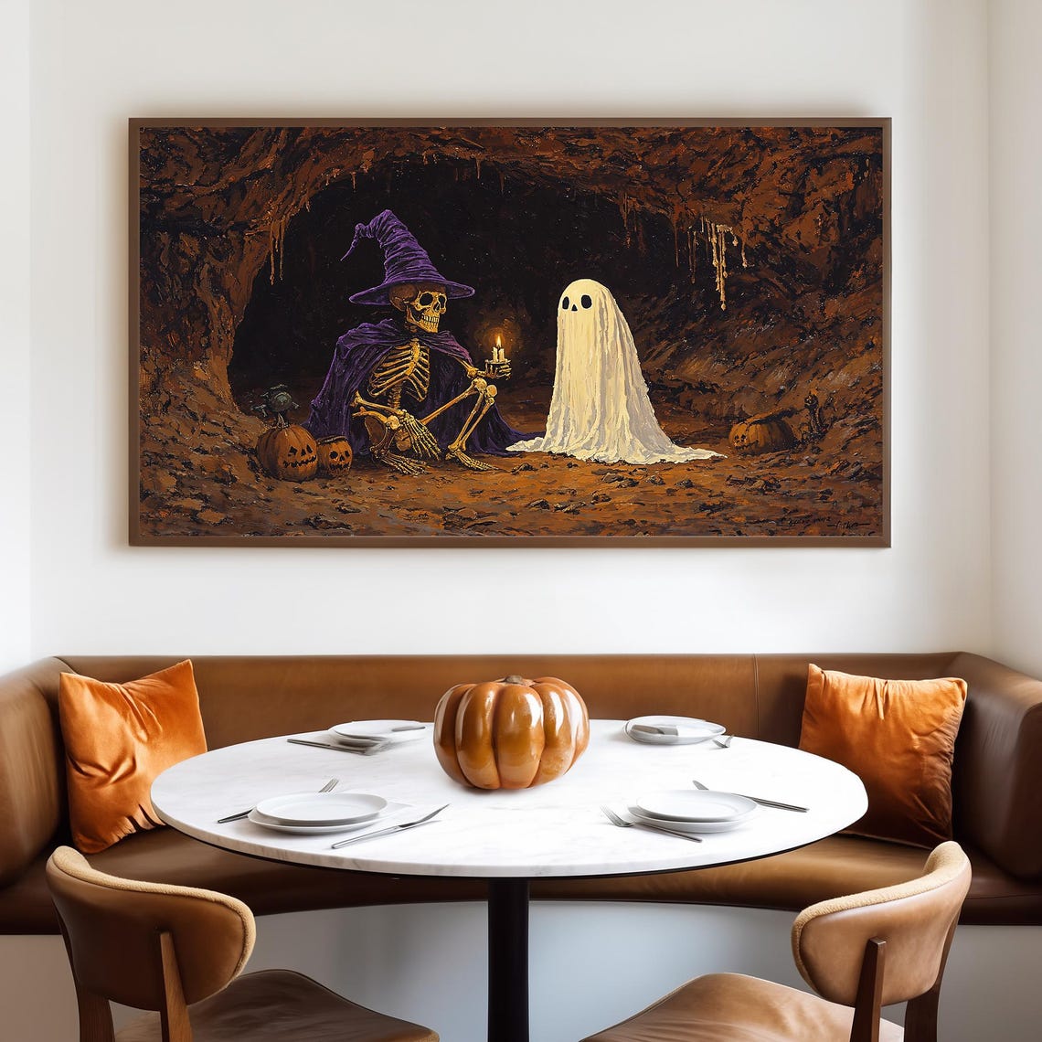 Skeleton Wizard With Purple Hat and Friendly Ghost in Cave Poster - Image 4