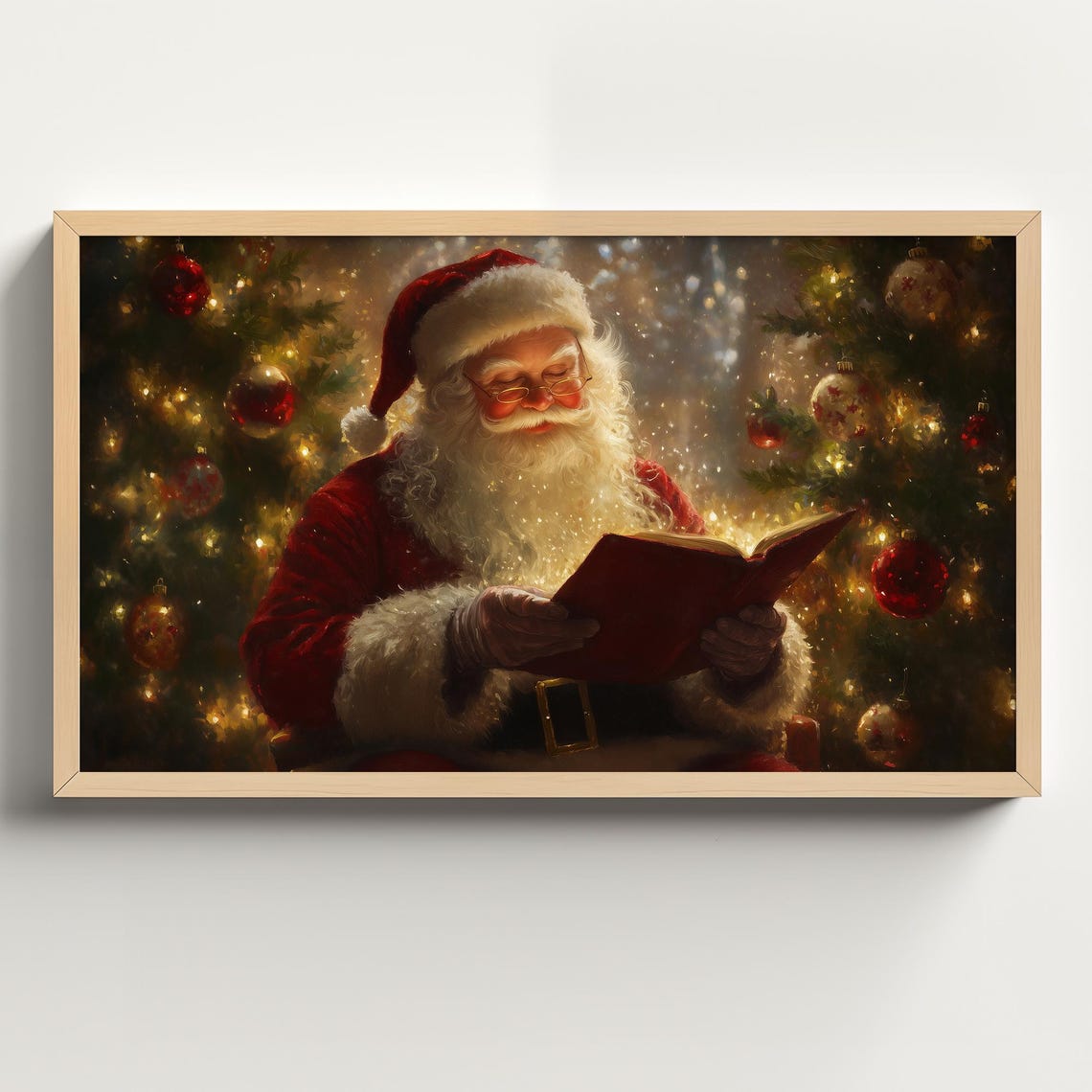 Jolly Santa Reading a Book Before a Red and Gold Christmas Tree Poster