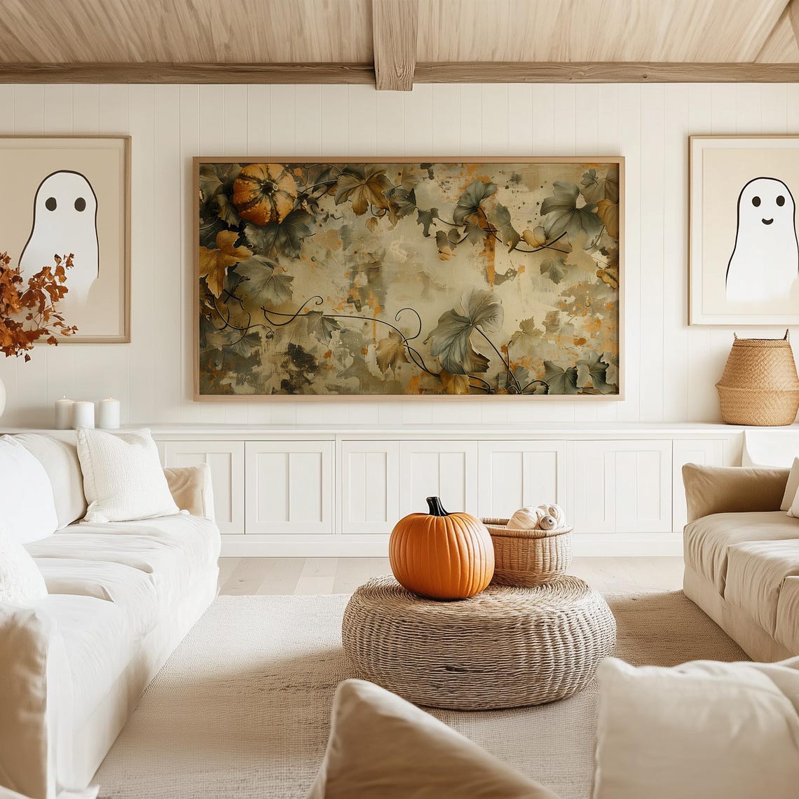 Muted Botanical Vines with Lone Pumpkin Neutral Grunge Wall Poster - Image 5