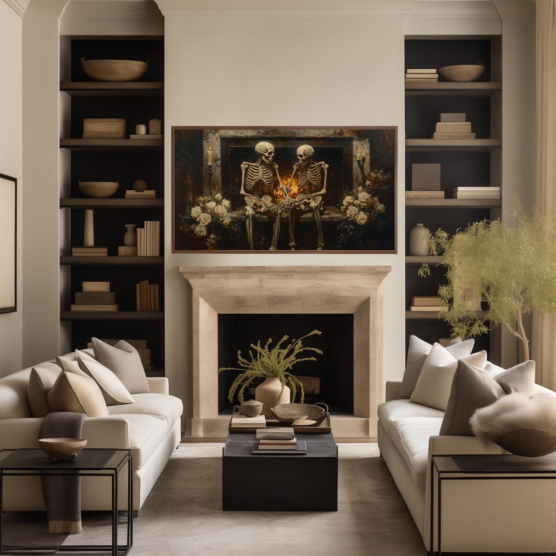 Skeleton Couple by Fireplace with White Roses Dark Academia Poster - Image 2