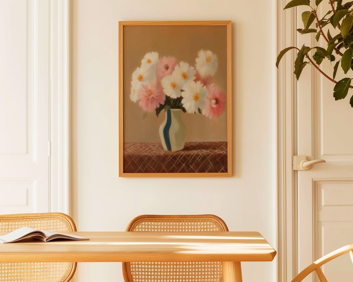 Pink White Cosmos Flowers Vase Warm Ochre Botanical Art Poster - Image 5
