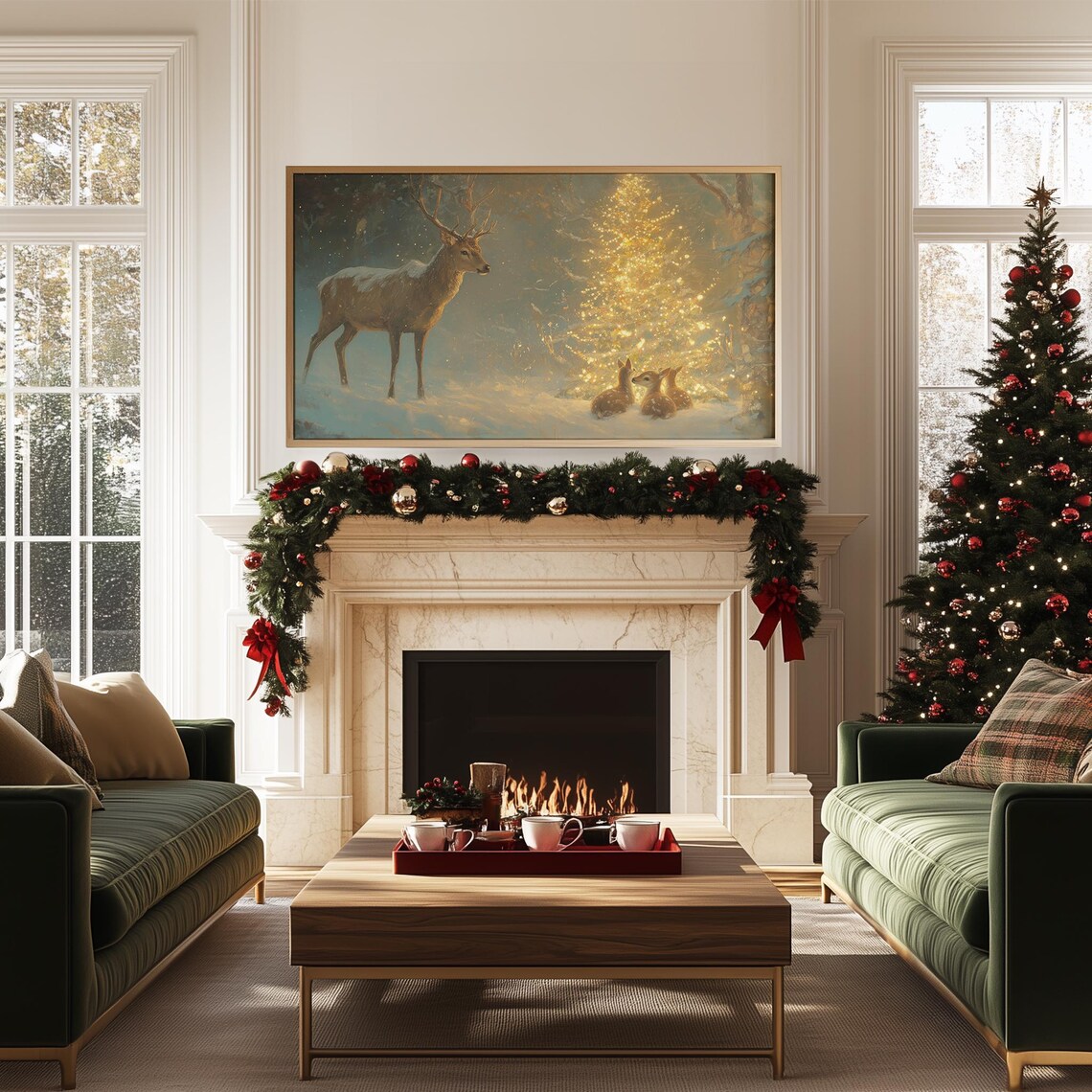 Deer and Fawns Gazing at a Glowing Christmas Tree in Snow Poster - Image 5
