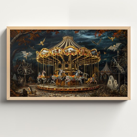 Haunted Carousel at Night With Skeleton Horses Bats and Ghosts Poster